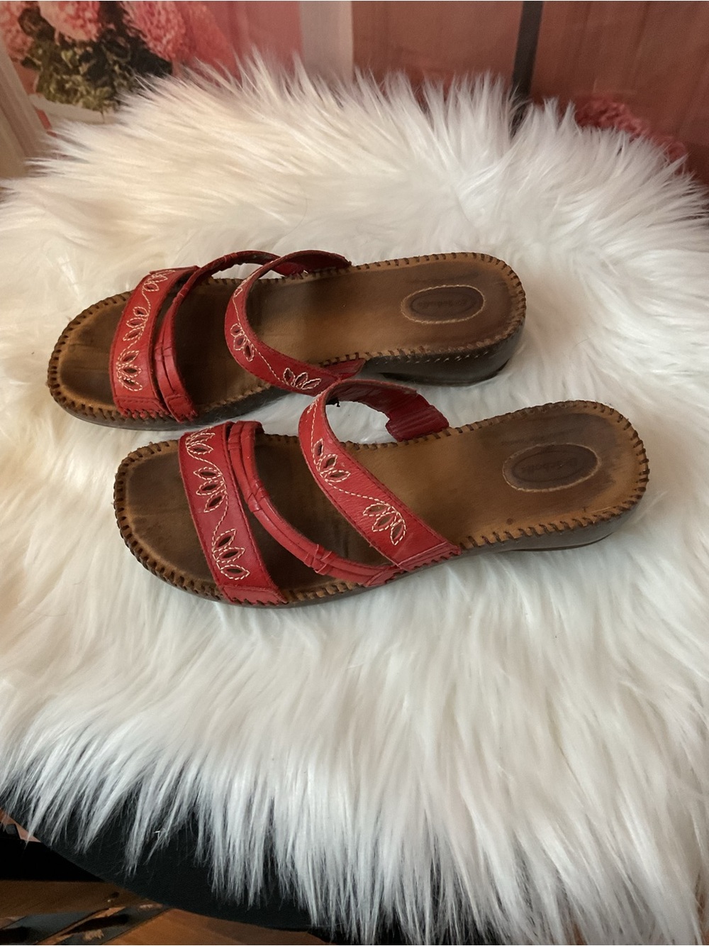 Dr. Scholl's Red Embroidered Strap Slide Sandals